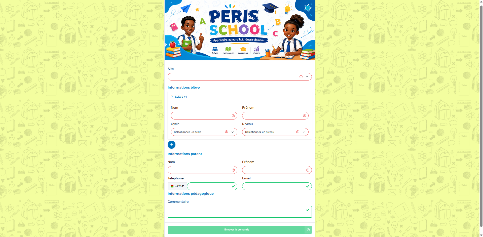 Formulaire d'inscription en ligne pour parents — PERIS SCHOOL