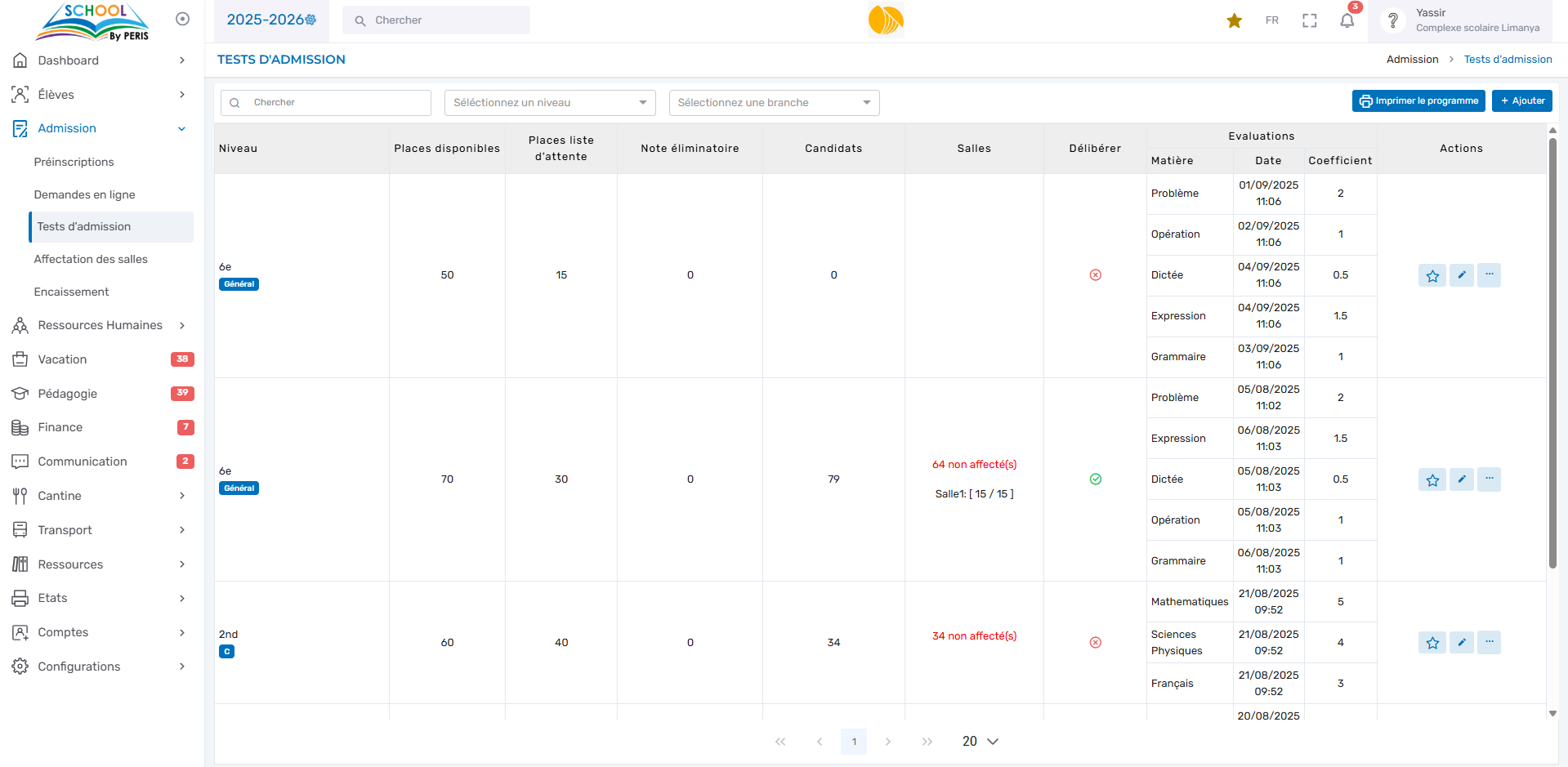 Tests d'admission par niveau avec coefficients et salles — PERIS SCHOOL