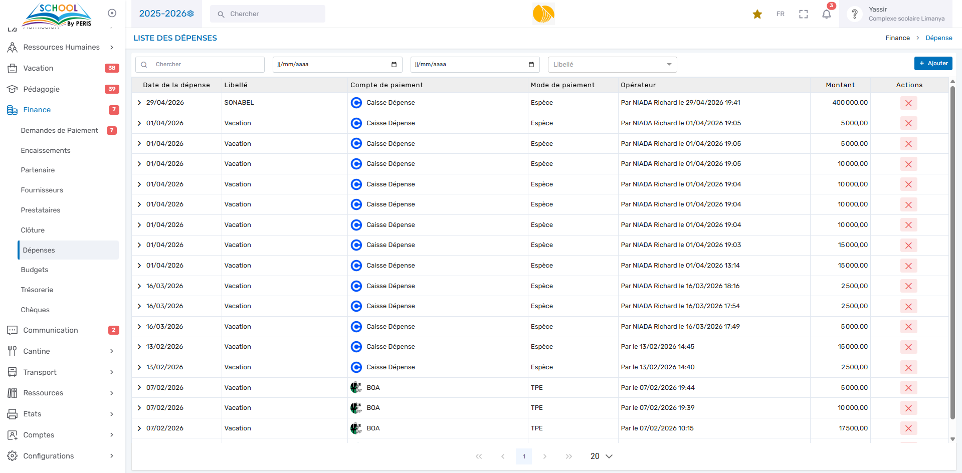 Gestion des dépenses par catégorie — PERIS SCHOOL