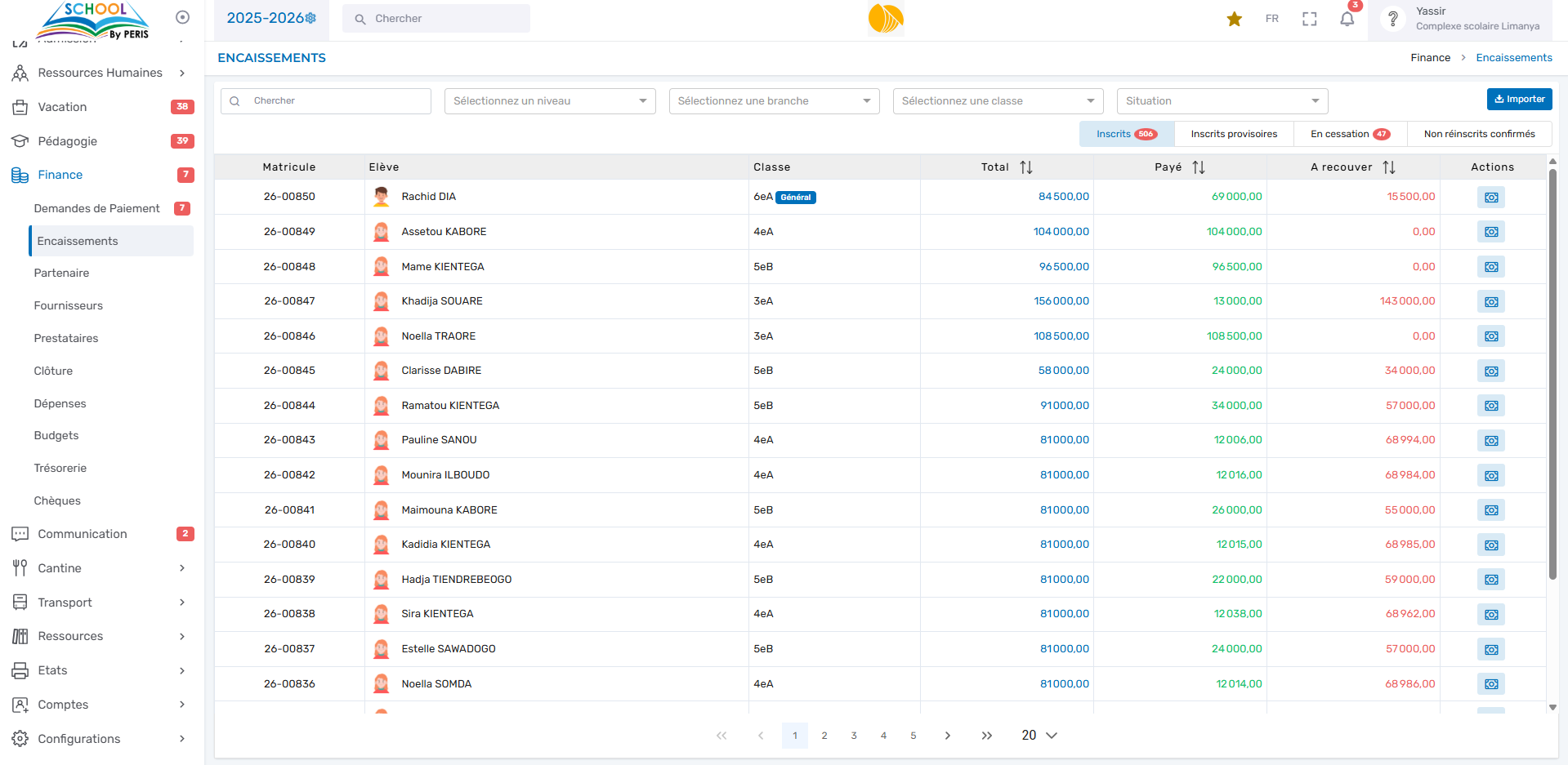 Encaissements des frais scolaires — PERIS SCHOOL