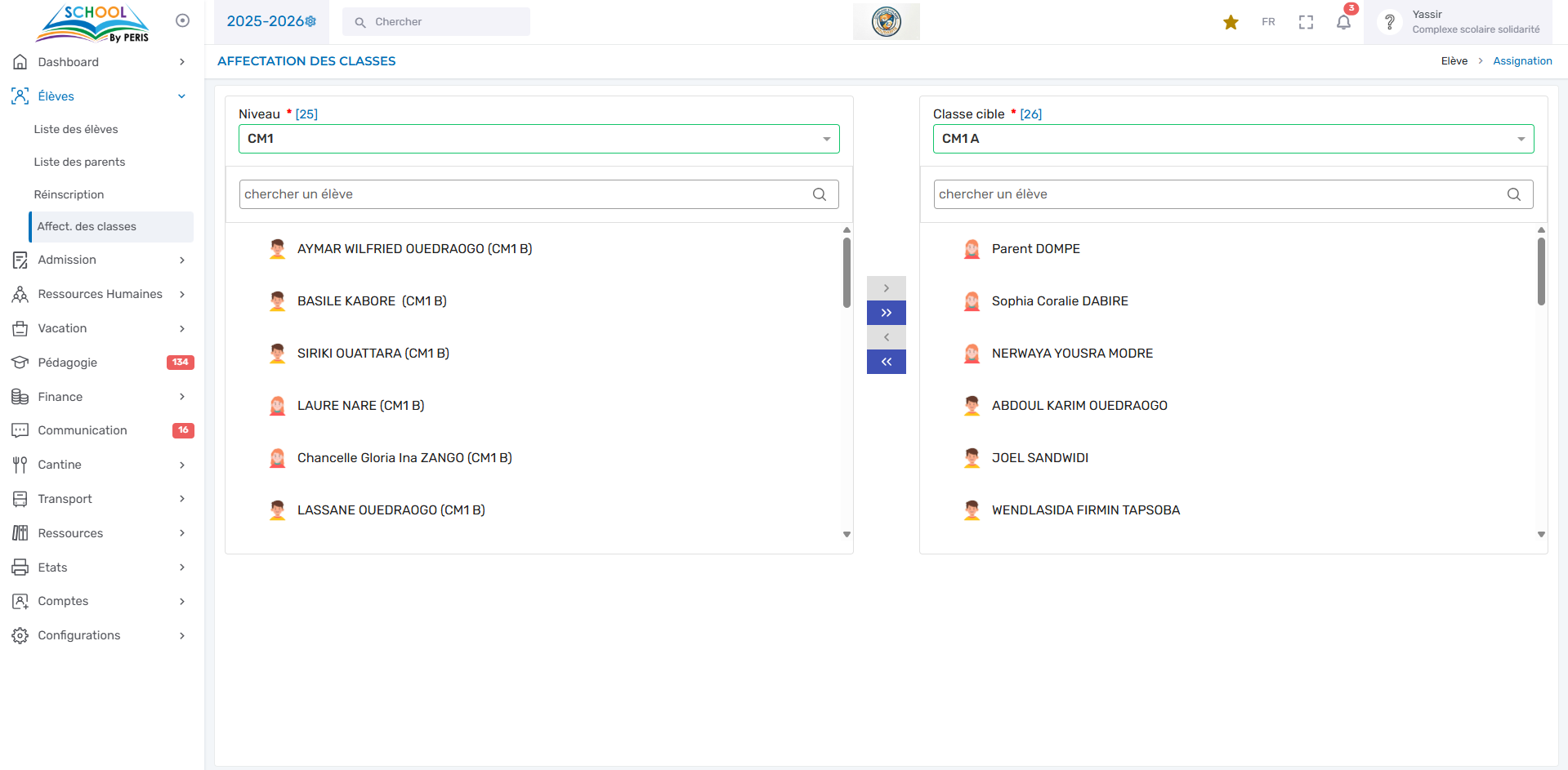 Affectation des élèves dans les classes — PERIS SCHOOL