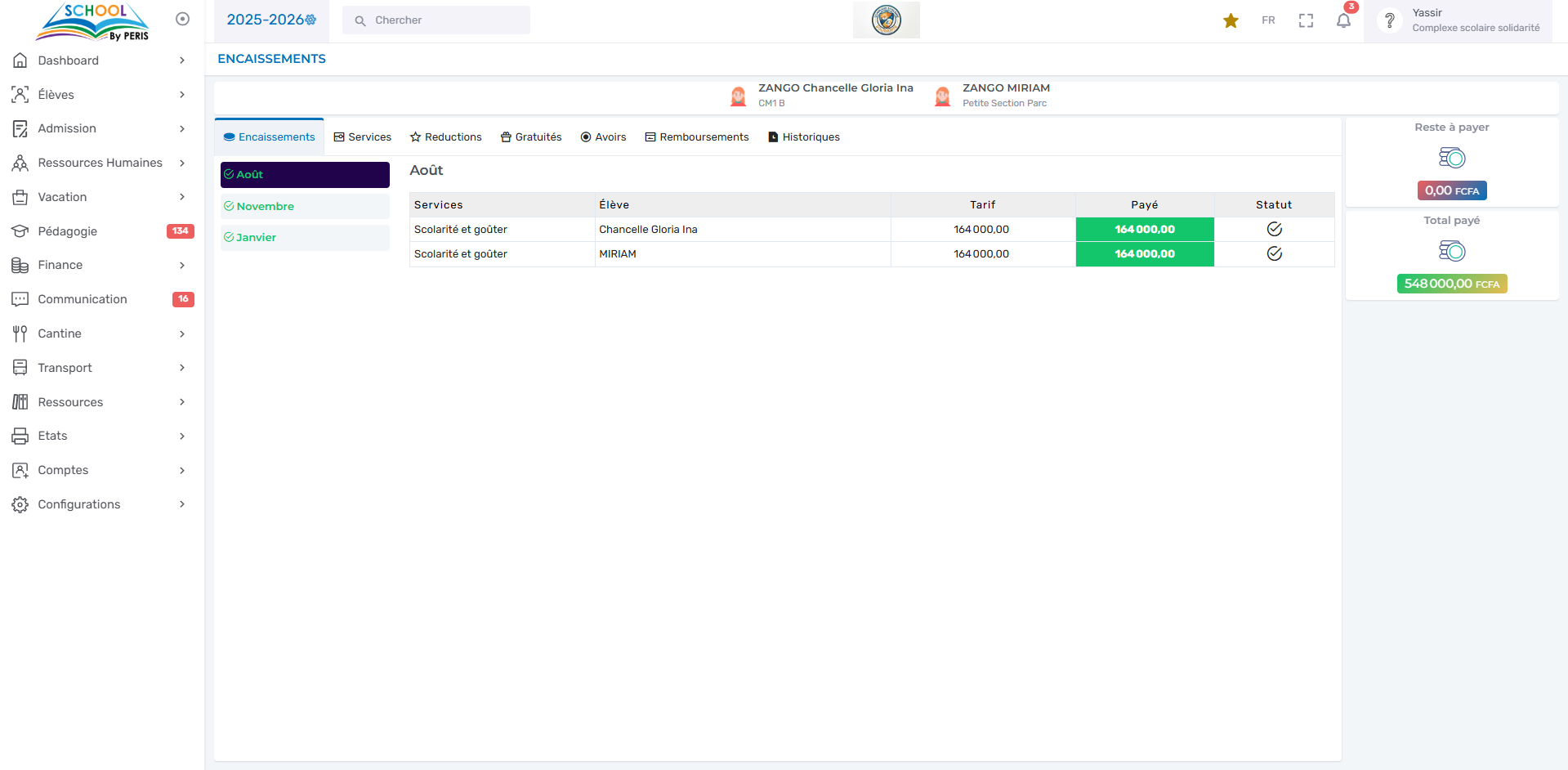 Encaissement des frais scolaires avec reçus — PERIS SCHOOL