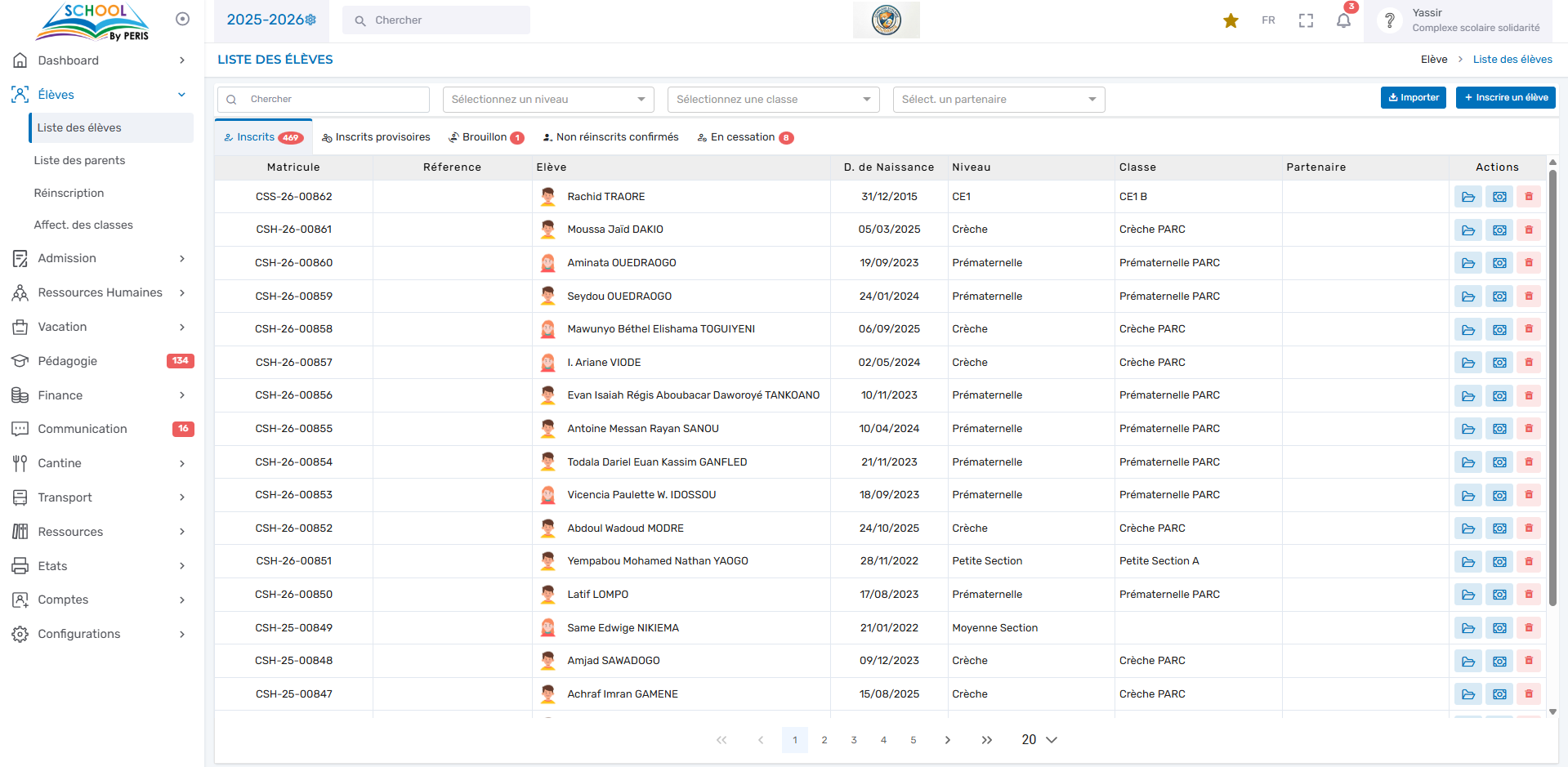 Liste complète des élèves inscrits — PERIS SCHOOL