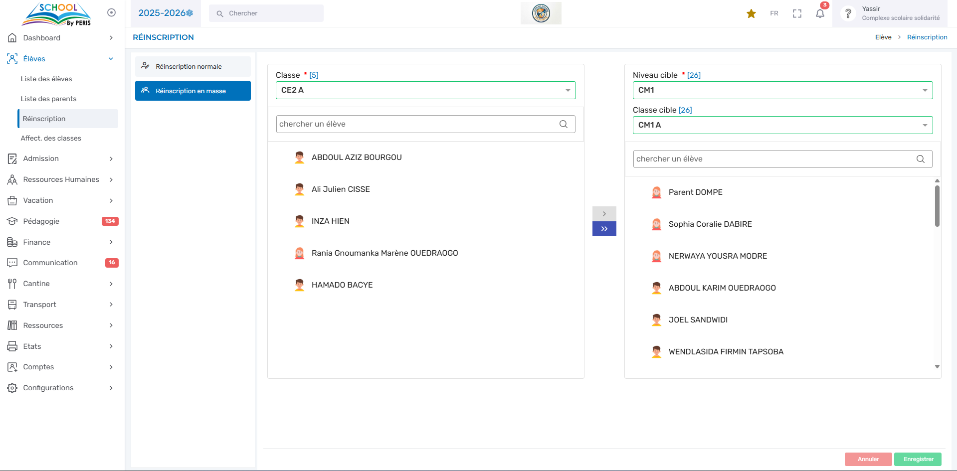 Gestion des réinscriptions en masse — PERIS SCHOOL