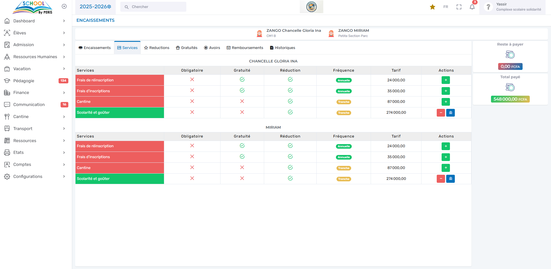 Services additionnels associés aux élèves — PERIS SCHOOL