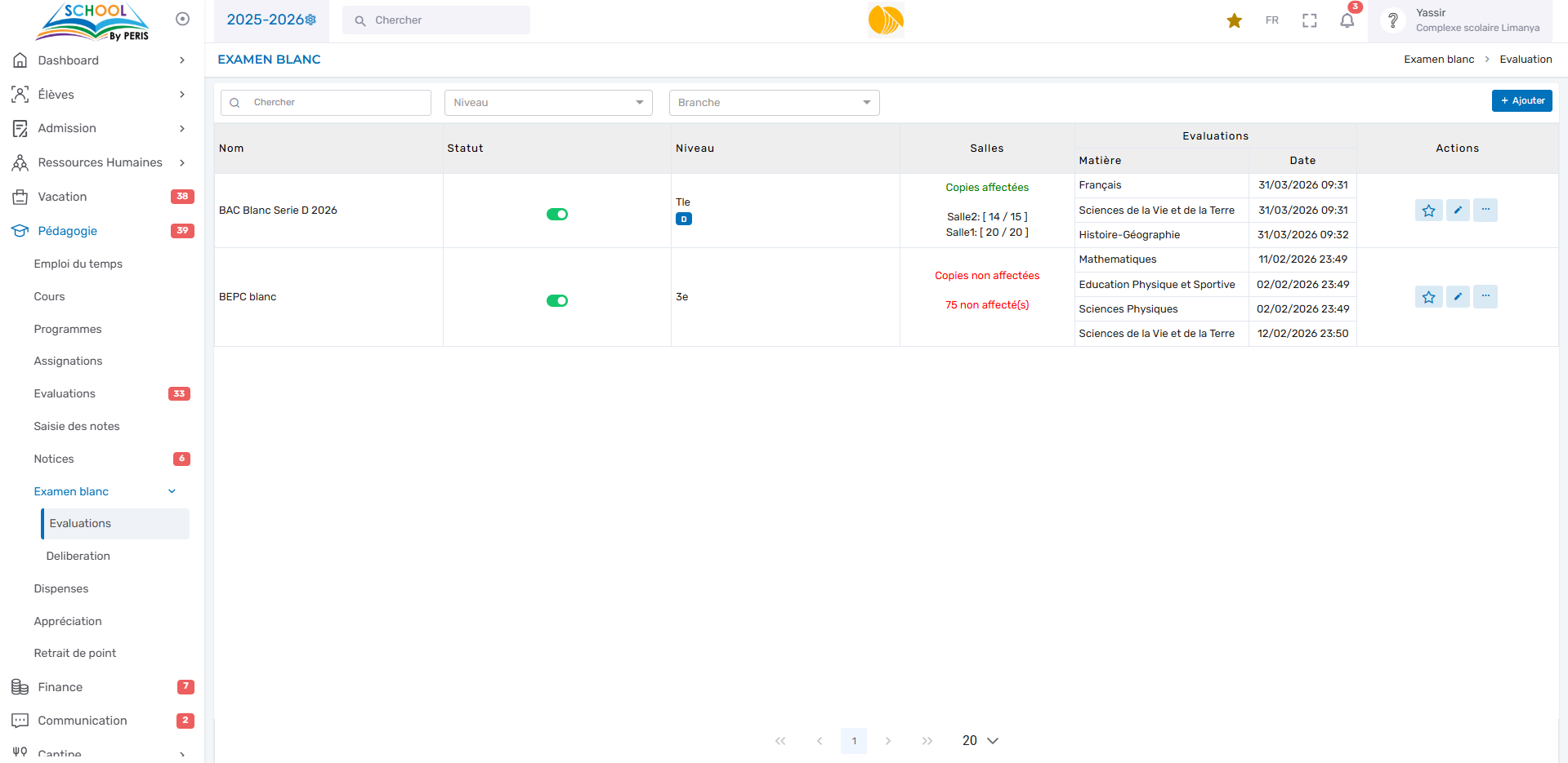 Gestion des examens blancs BAC et BEPC — PERIS SCHOOL