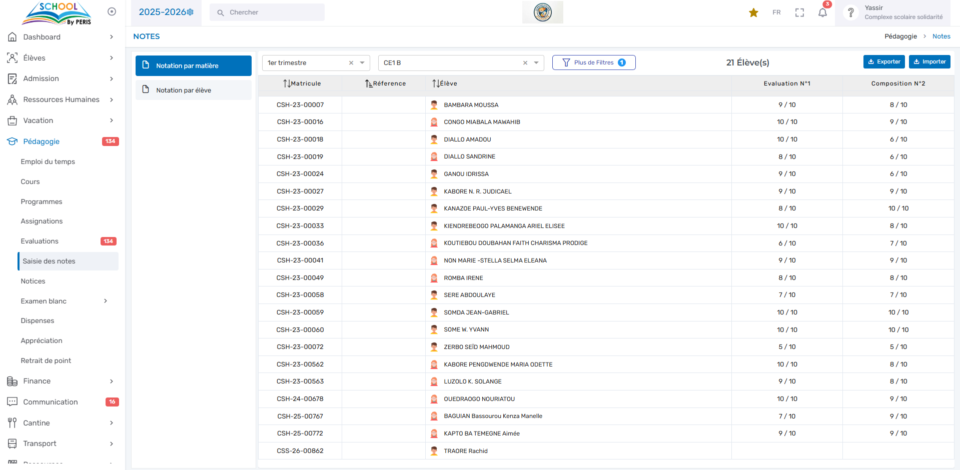 Saisie des notes par matière et par élève — PERIS SCHOOL
