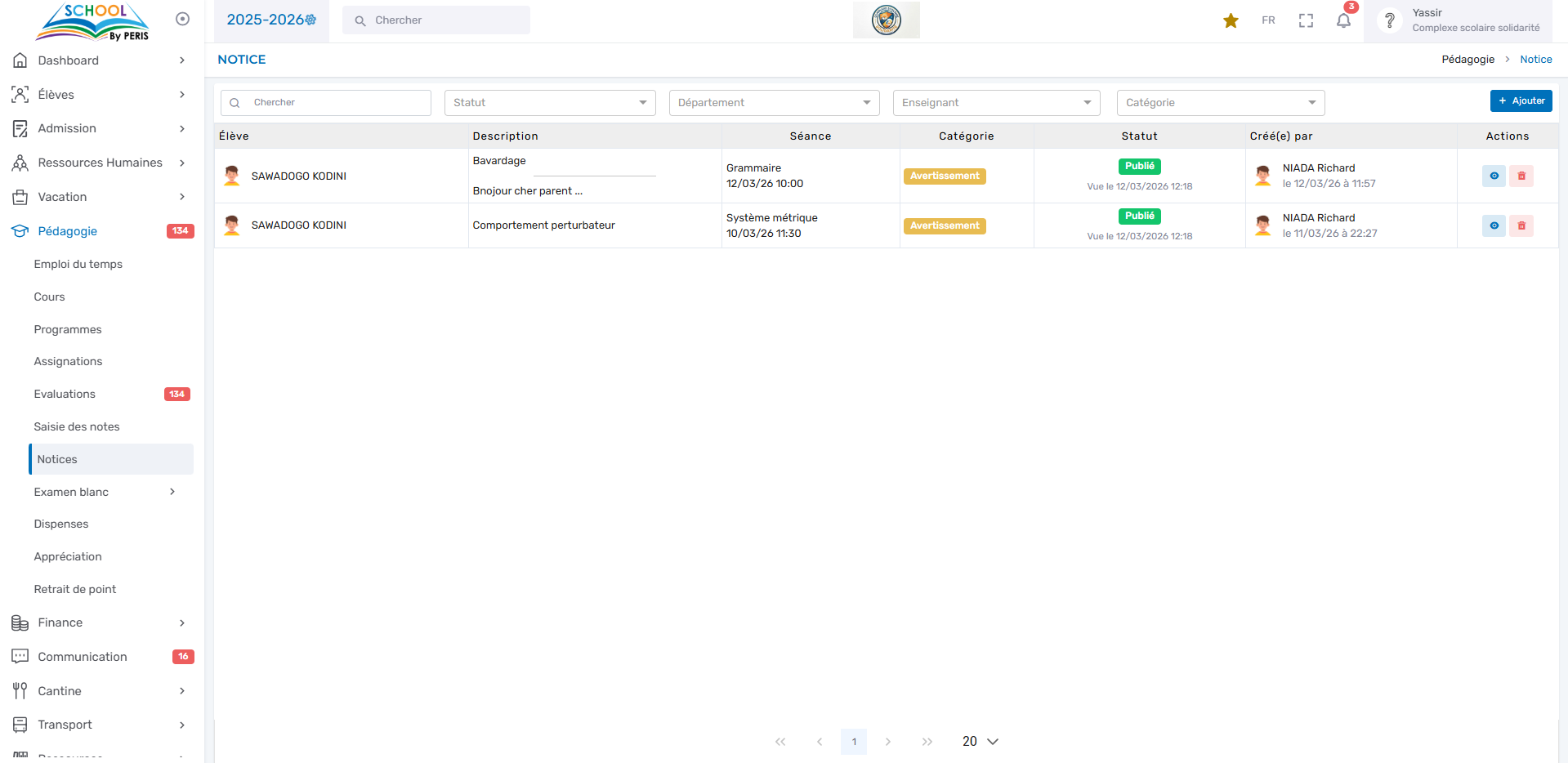 Gestion des notices de comportement élèves — PERIS SCHOOL