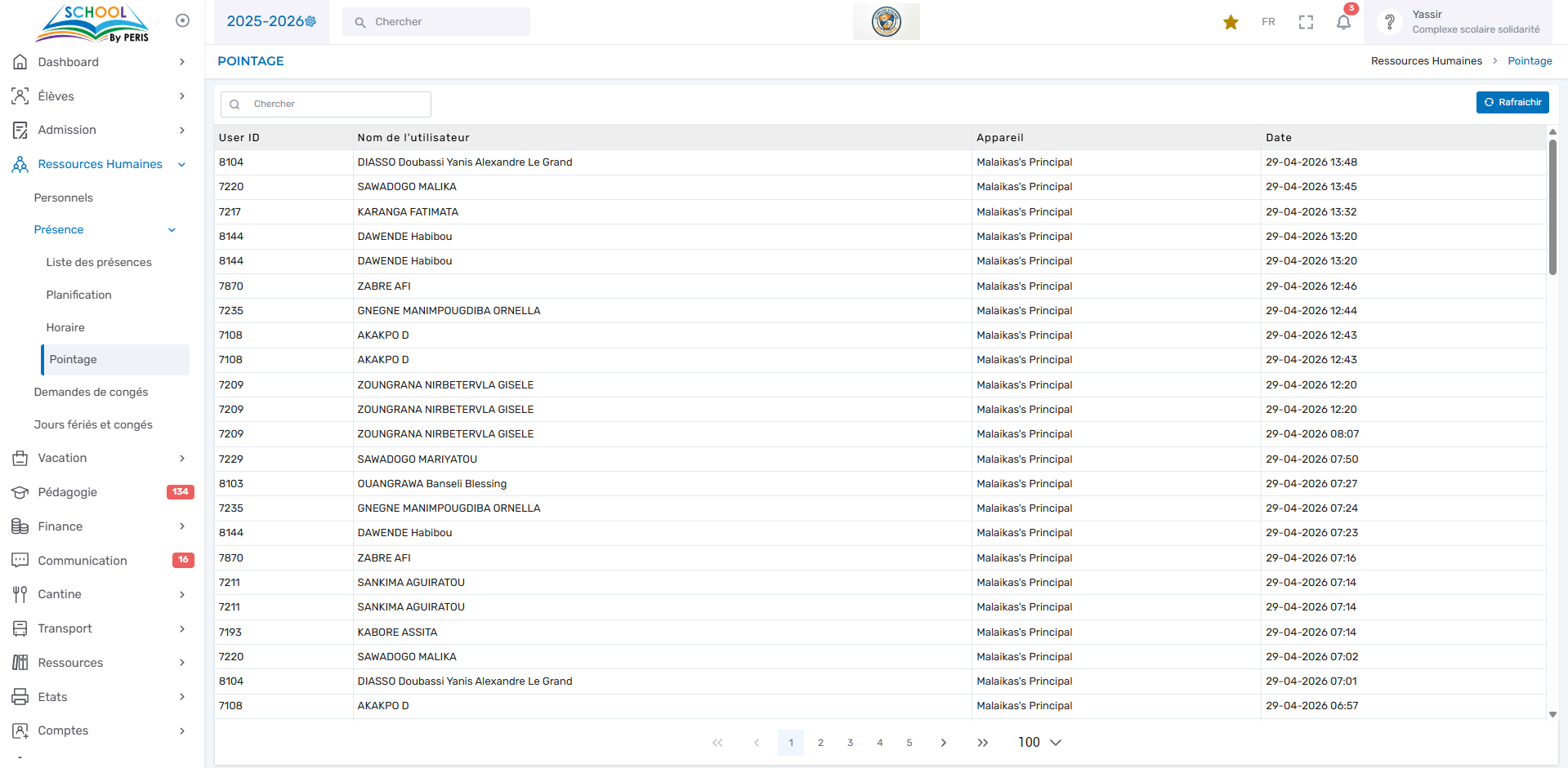 Pointage et présences du personnel — PERIS SCHOOL