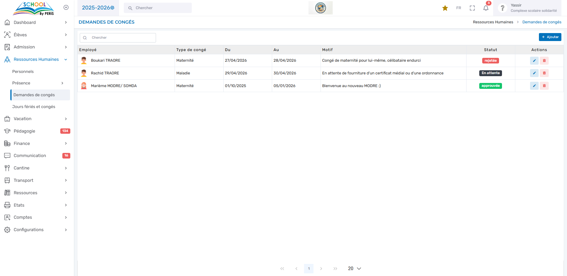 Demandes de congés du personnel — PERIS SCHOOL
