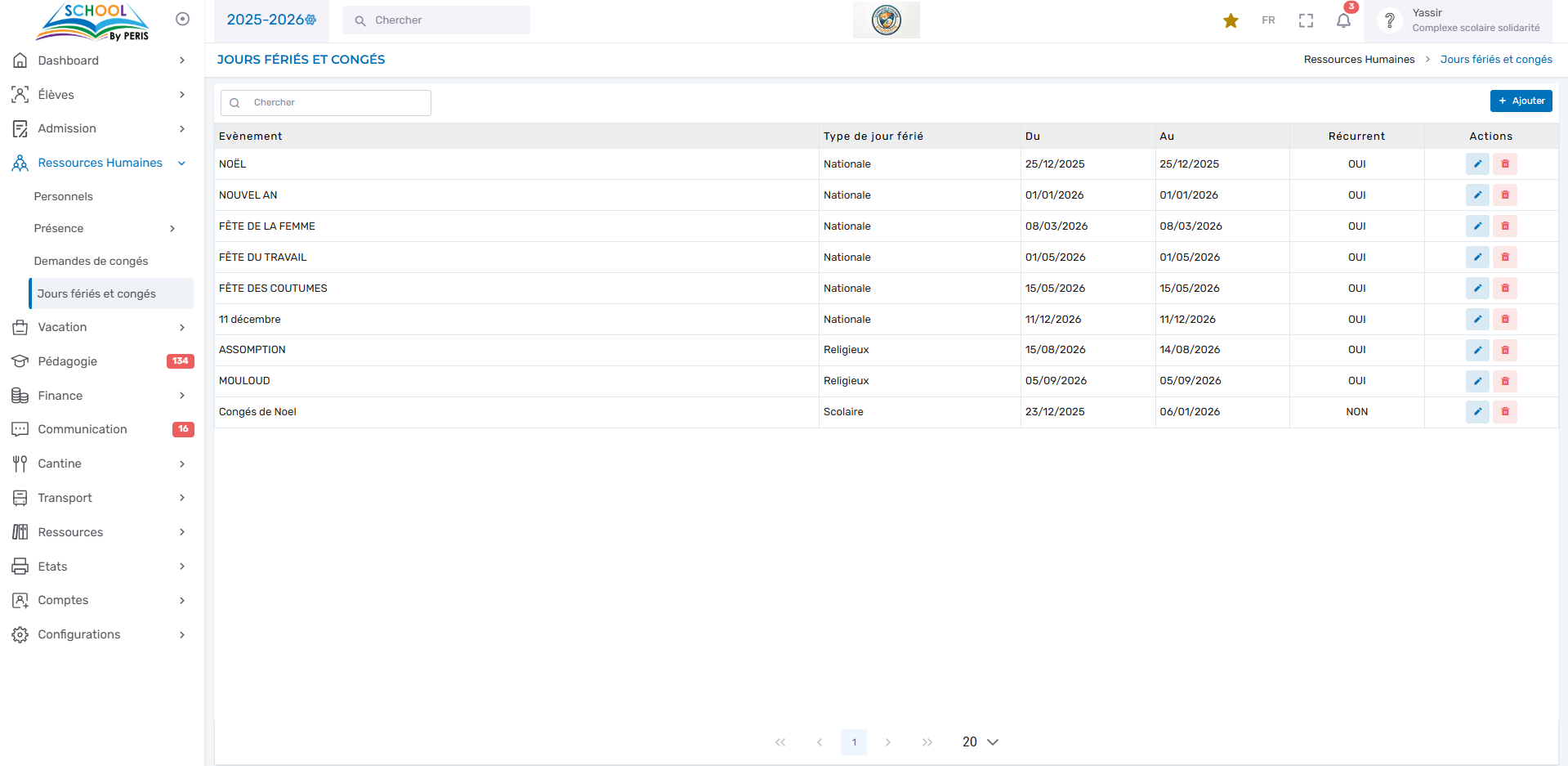 Calendrier des jours fériés et historique des départs — PERIS SCHOOL
