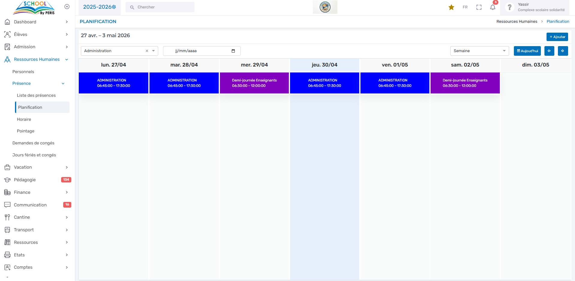 Planification des horaires du personnel — PERIS SCHOOL