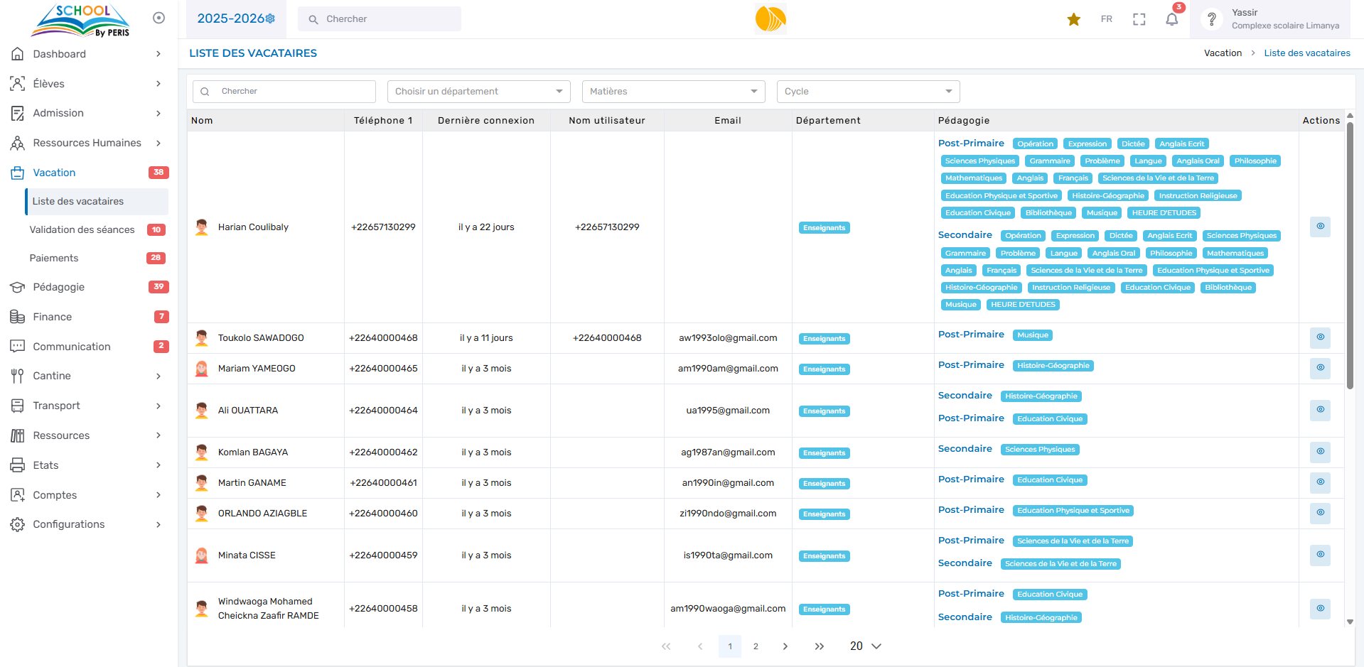 Liste des enseignants vacataires — PERIS SCHOOL