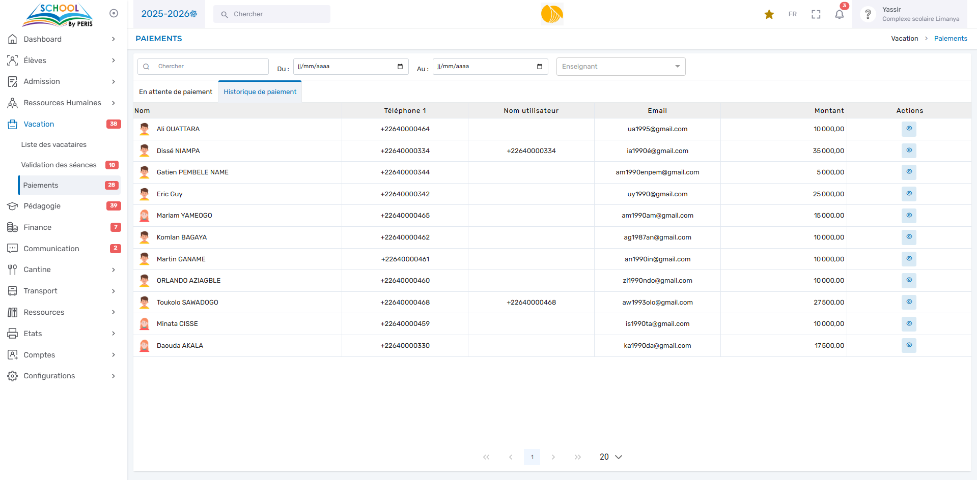 Paiement des vacataires basé sur les séances validées — PERIS SCHOOL