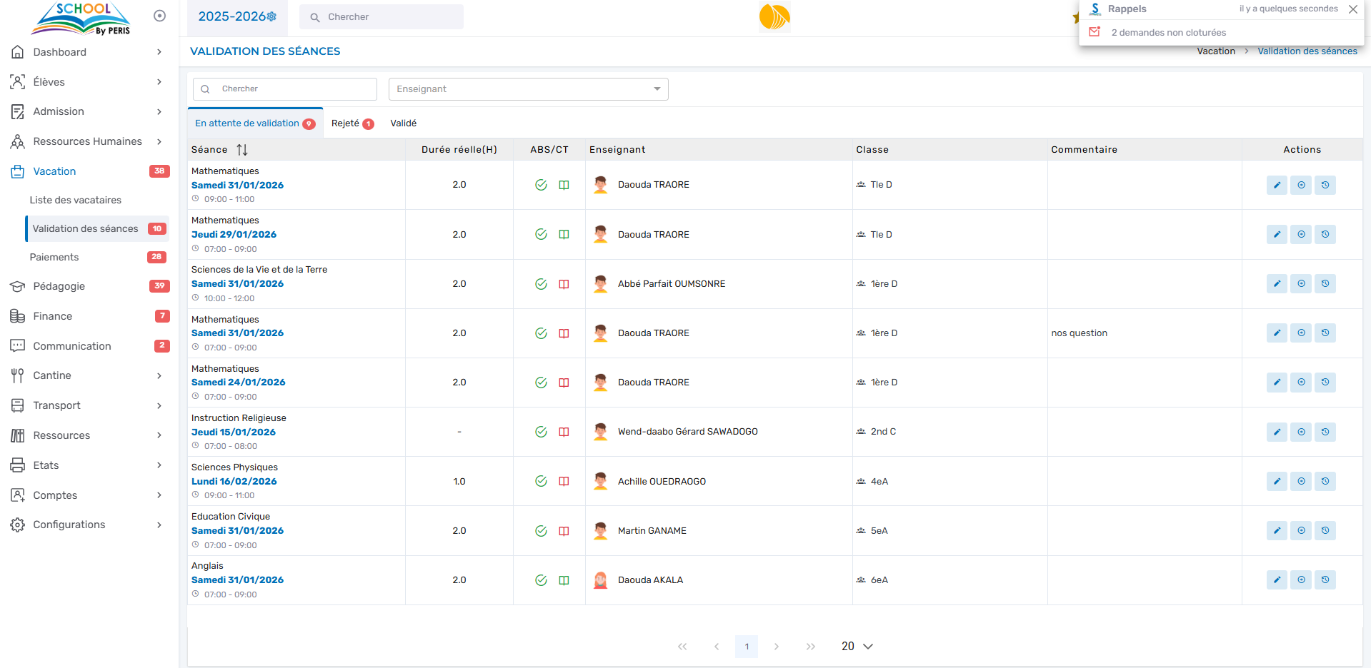 Validation des séances effectuées par les vacataires — PERIS SCHOOL